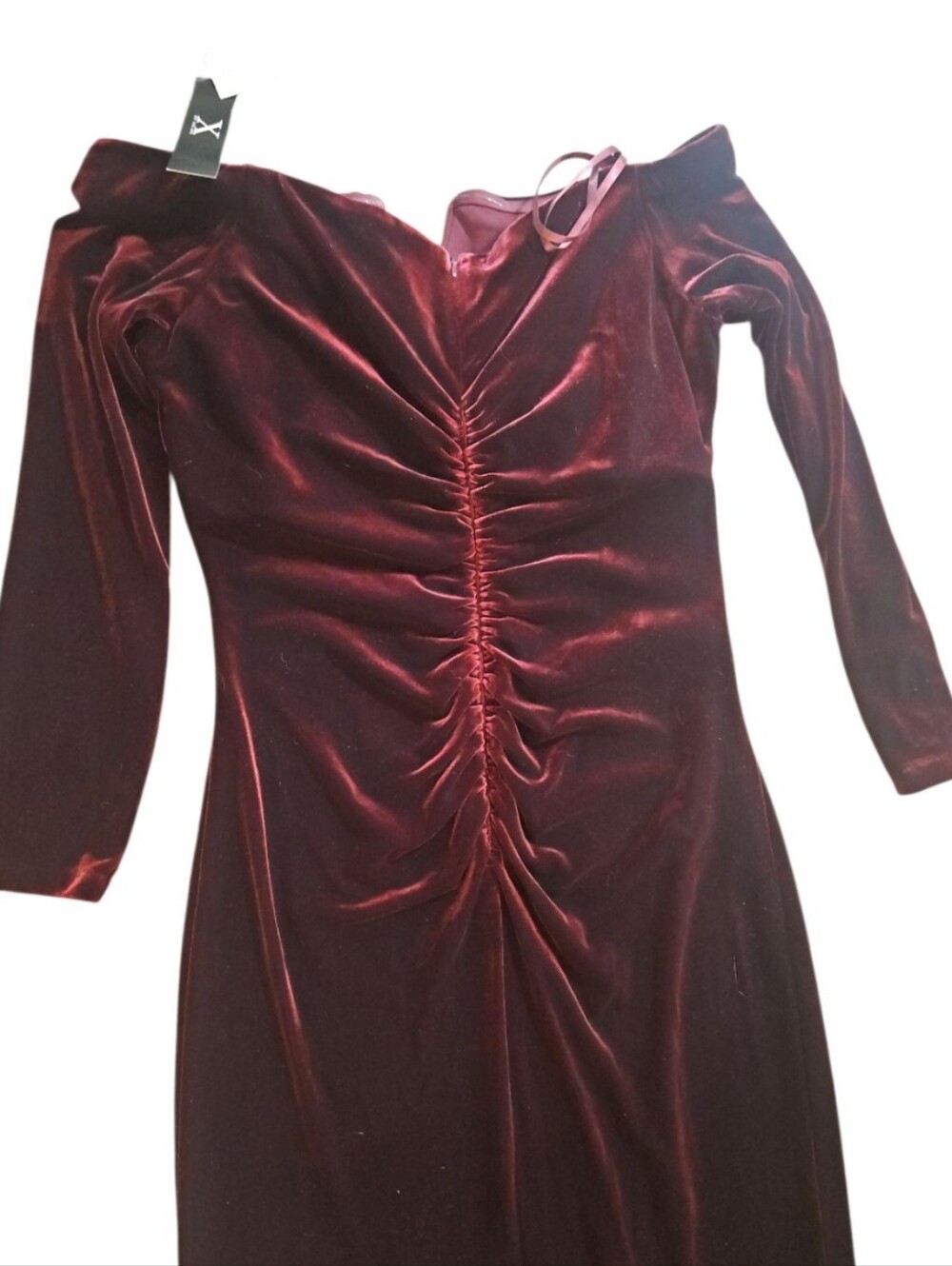 XSCAPE Burgundy Velvet Off The Shoulder Long Sleeve Gown Size 14 - Picture 10 of 12